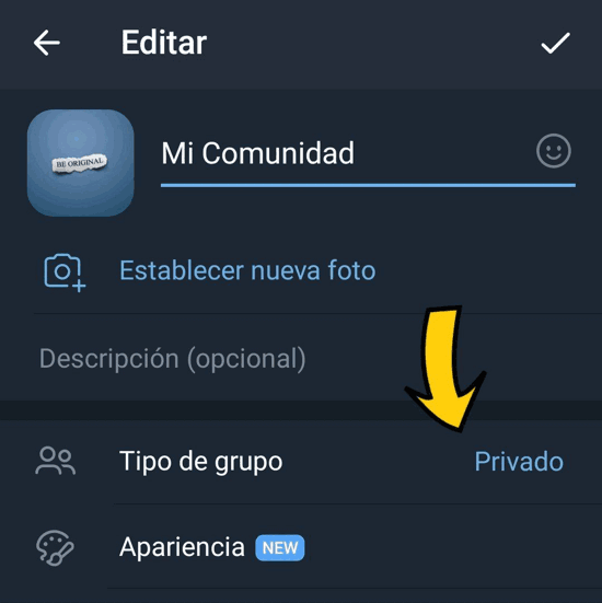 Crear comunidad: tipo de grupo, privacidad
